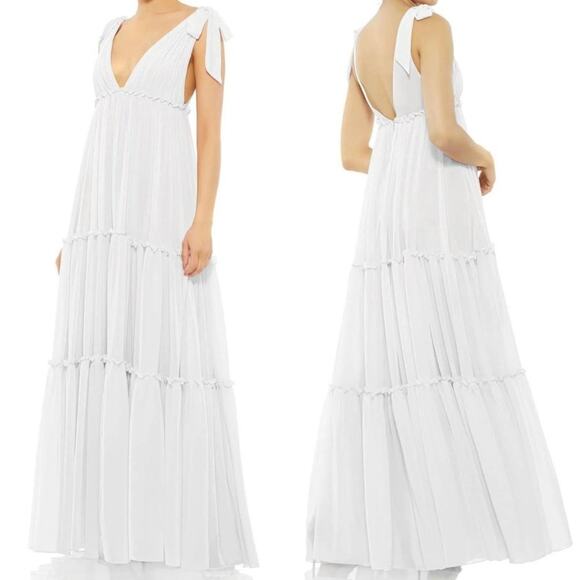 Mac Duggal Ruffle Tiered Maxi Dress 0 White NWT - Picture 1 of 8